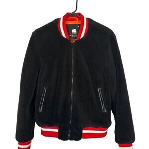 American Stitch Black Faux Fur Full Zip Varsity Bomber Jacket Women Sz M